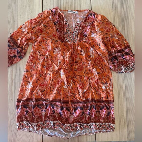 Temofun Indian inspired tunic orange print with ties at the neckline - M - Picture 1 of 5
